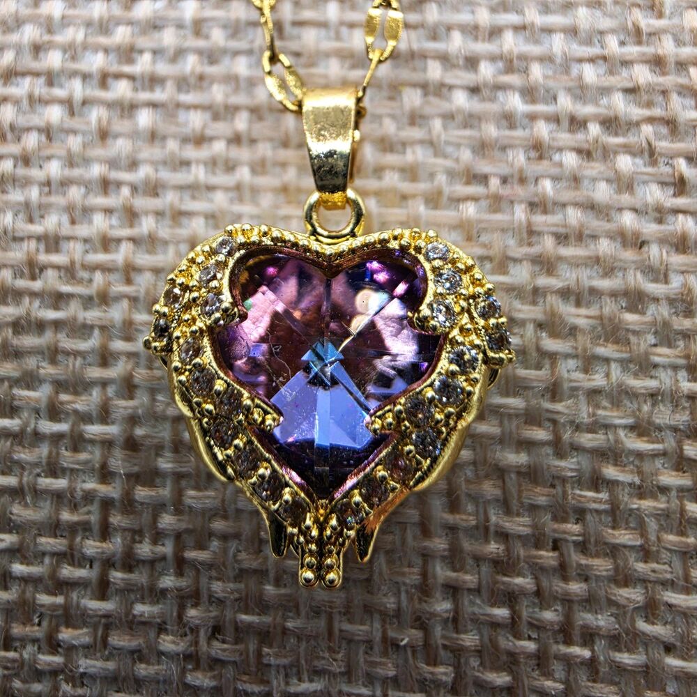 18K Gold Plated Purple Crystal Heart Pendant Necklace CZ Angel Wings Jewelry